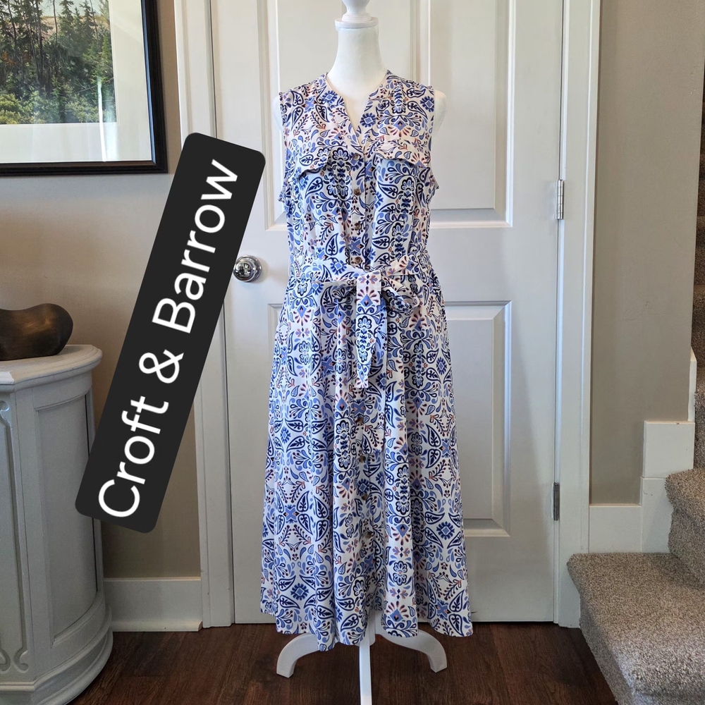 Croft And Barrow Shirt Dress Womens M Blue Pink Pattern Easter Spring
